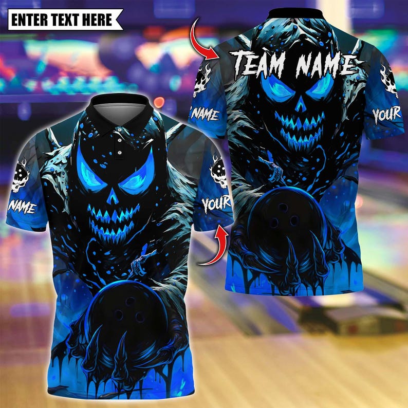 Custom Bowling Polo Shirt, Evil Pumpkin Demon With Bowling Design, Personalized Bowling Polo for Men Women, Personalized Name Team 3D Shirt