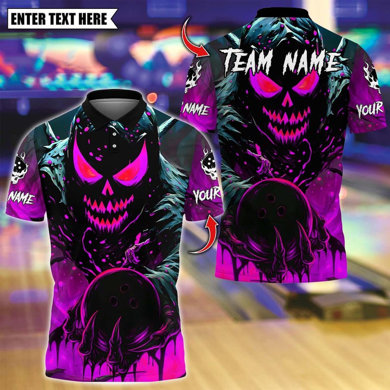 Custom Bowling Polo Shirt, Evil Pumpkin Demon With Bowling Design, Personalized Bowling Polo for Men Women, Personalized Name Team 3D Shirt