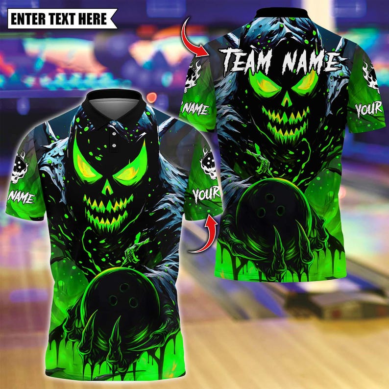 Custom Bowling Polo Shirt, Evil Pumpkin Demon With Bowling Design, Personalized Bowling Polo for Men Women, Personalized Name Team 3D Shirt