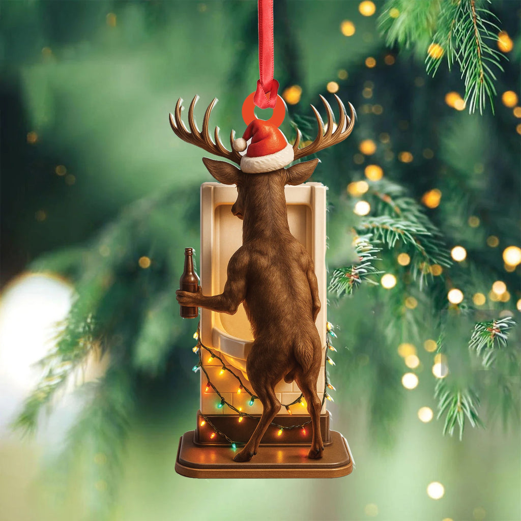 Personalized Acrylic Deer Christmas Ornament - Funny Buck with Santa Hat Drinking Beer by Urinal Holiday Decor