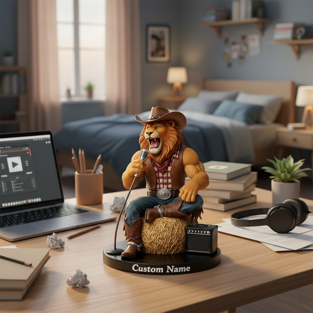 🦁 Custom Cowboy Lion Figurine – Personalized Country Singer Statue for Music Fans