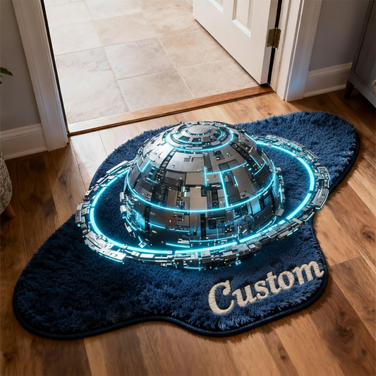 Cyberpunk Mecha Planet 3D Rug — Glowing Neon Rings — Custom Name