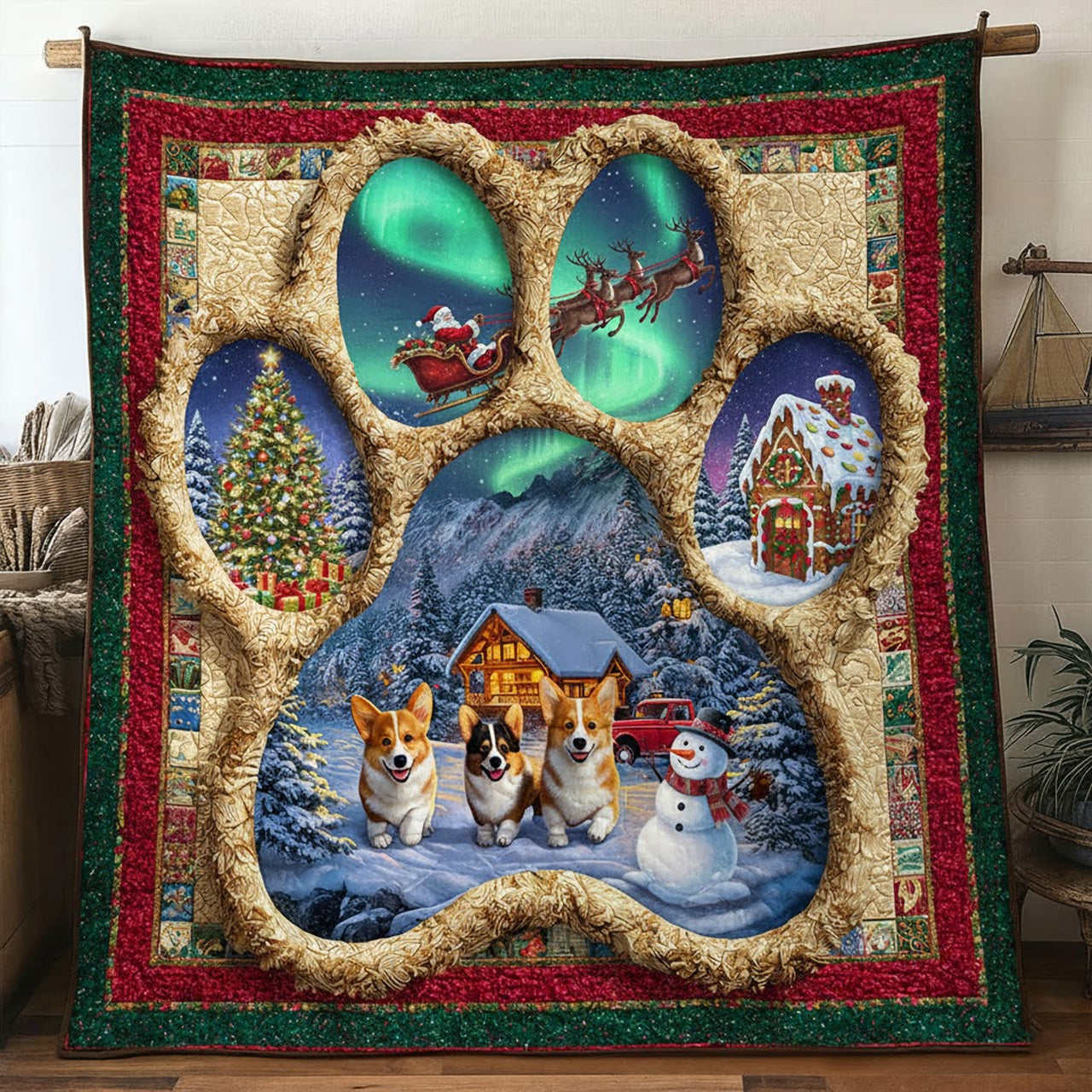 Corgi Christmas Paw Quilt — Northern Lights, Gingerbread House & Snowy Cabin