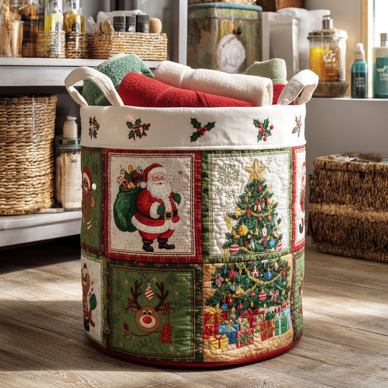 Patchwork Santa & Tree Quilted Storage Bin — Holiday Laundry Basket Organizer