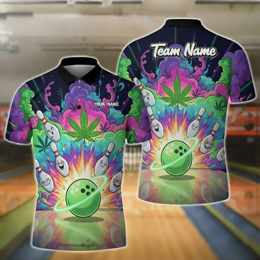 Bowling Polo Shirt, Exploding Bowling Ball with Smiling Pins & Cannabis Leaves, Customized Name, Team Name 3D Shirt