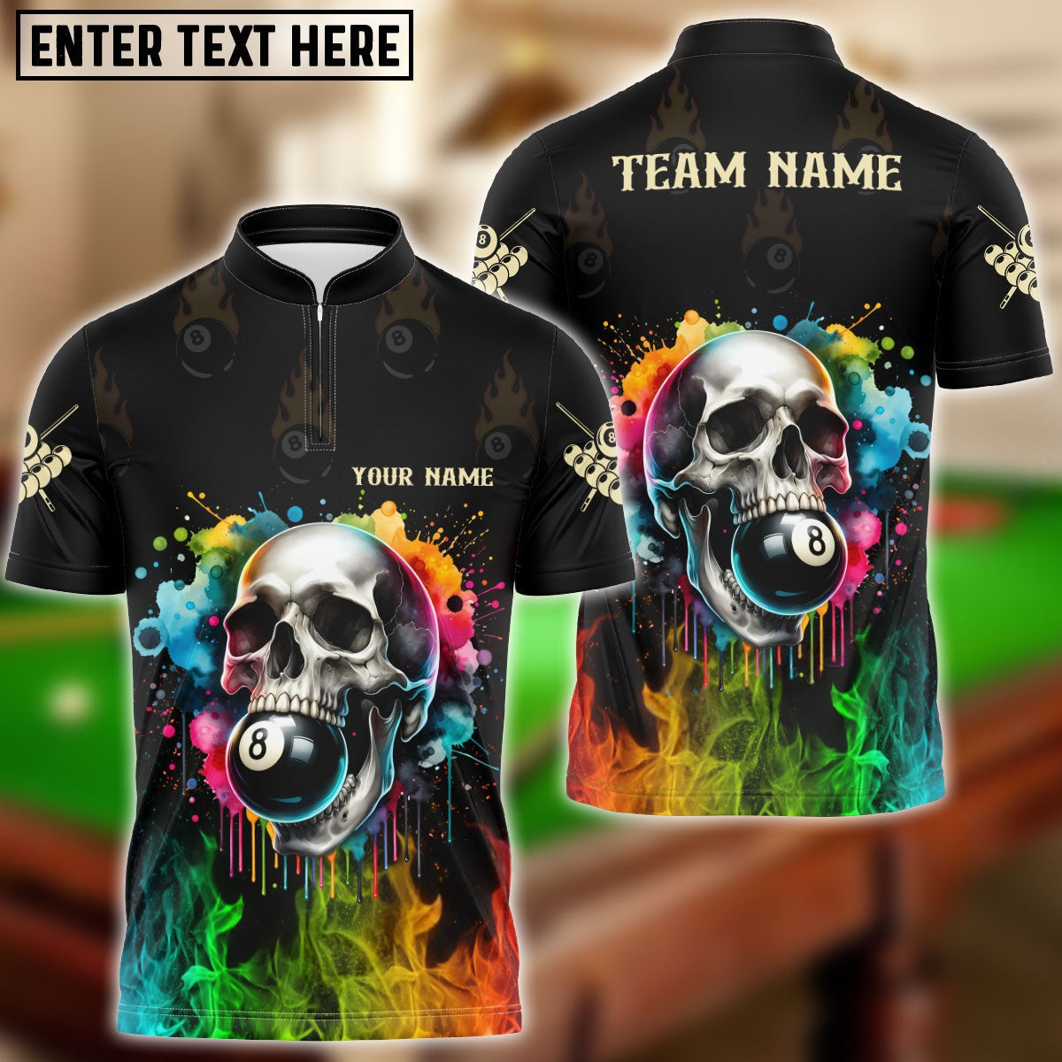 Billiards Colorful Skull Personalized Name, Team Name Unisex Shirt