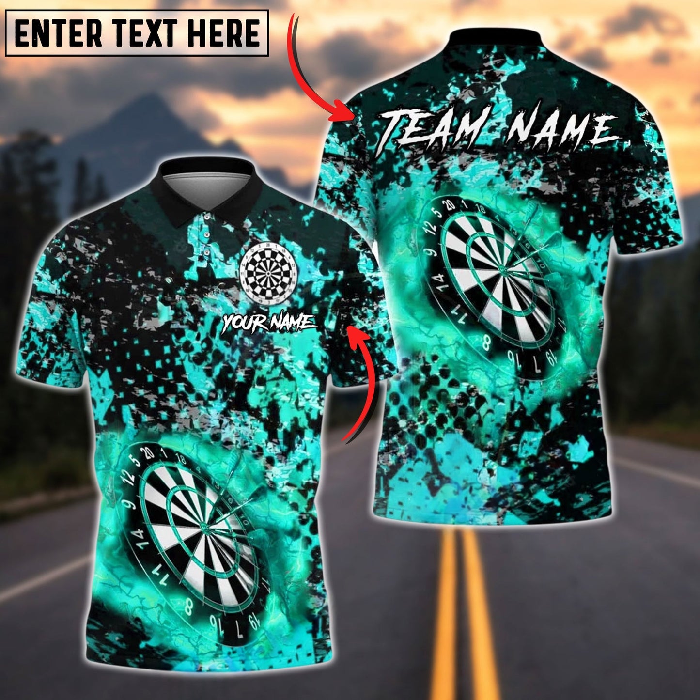 Darts Black Grunge Dartboard Personalized Name, Team Name Unisex Shirt (4 Colors)