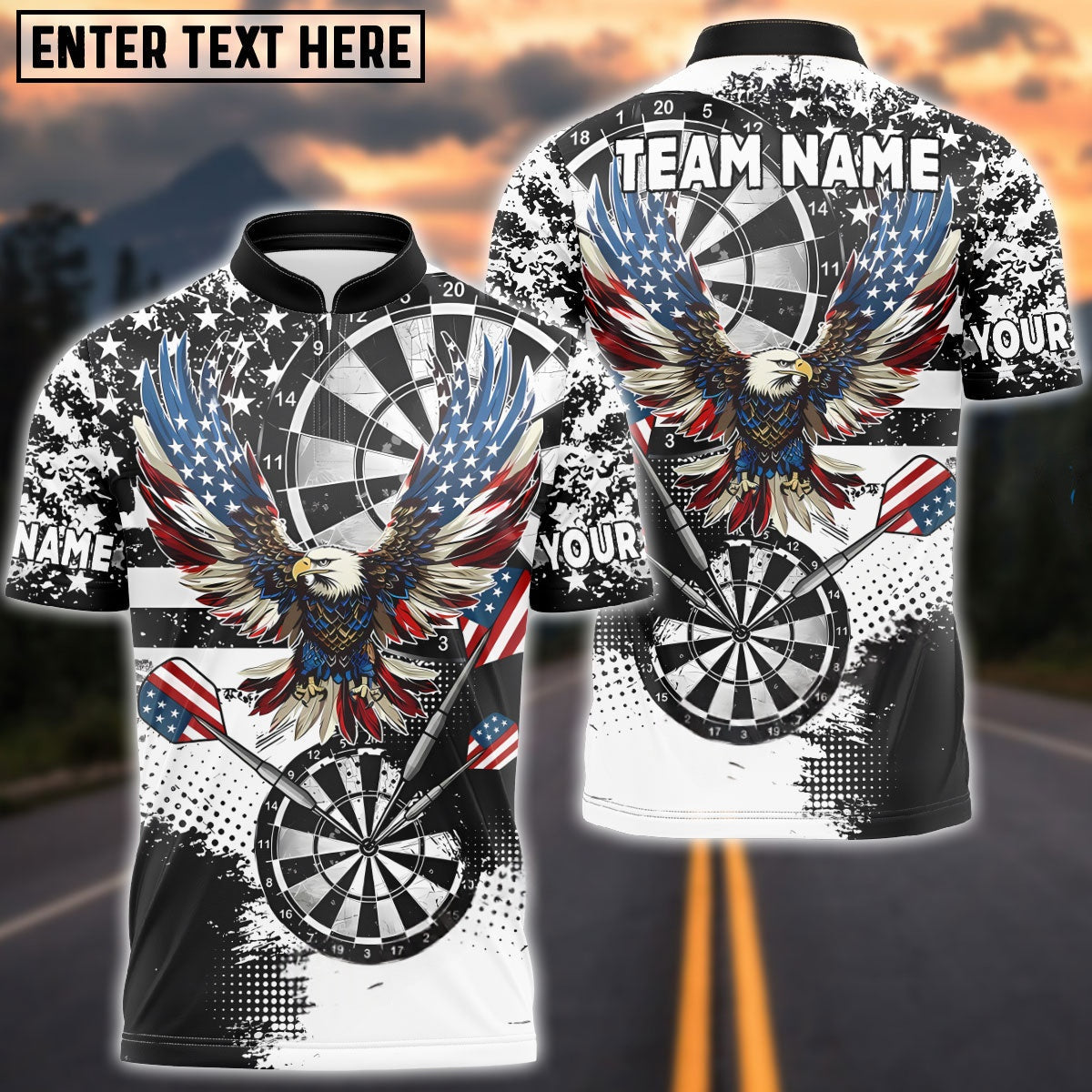Darts Grunge Eagle American Flag Black White Personalized Name, Team Name Shirt