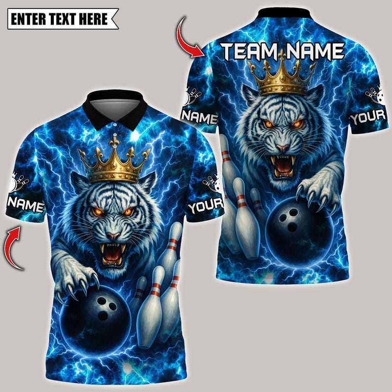 Custom Bowling Polo Shirt, Thunder Lightning Tiger With Pin Design,Personalized Bowling Polo for Men & Women,Personalized Name Team 3D Shirt