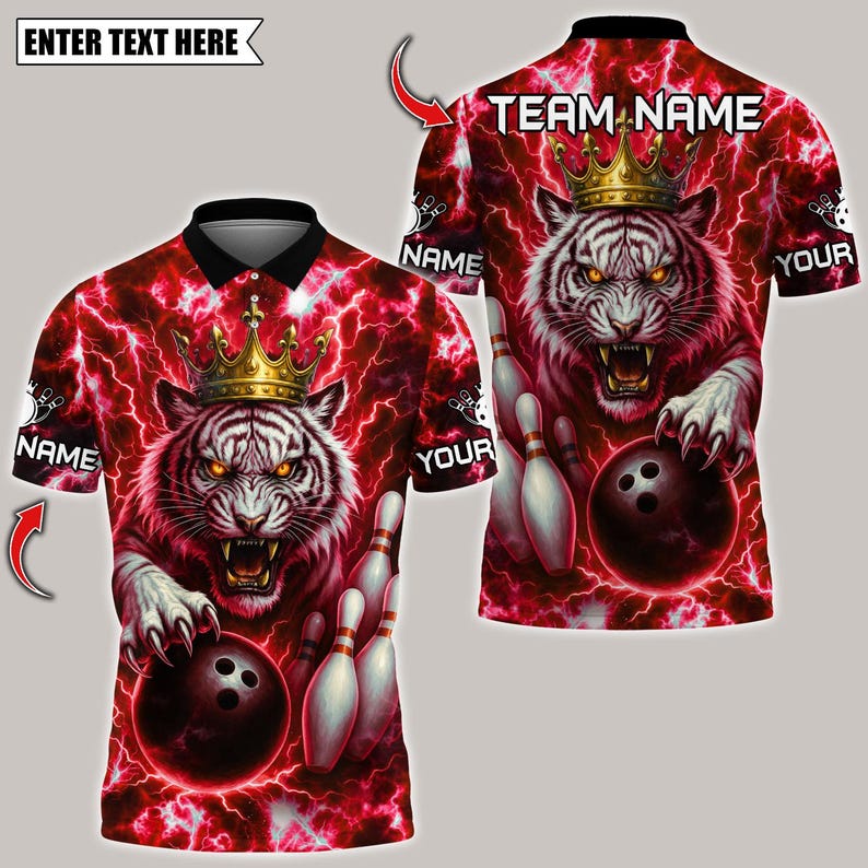 Custom Bowling Polo Shirt, Thunder Lightning Tiger With Pin Design,Personalized Bowling Polo for Men & Women,Personalized Name Team 3D Shirt