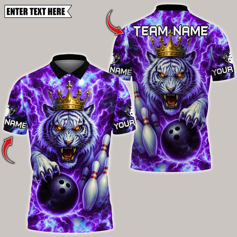 Custom Bowling Polo Shirt, Thunder Lightning Tiger With Pin Design,Personalized Bowling Polo for Men & Women,Personalized Name Team 3D Shirt