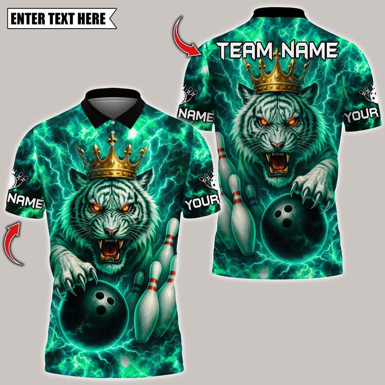 Custom Bowling Polo Shirt, Thunder Lightning Tiger With Pin Design,Personalized Bowling Polo for Men & Women,Personalized Name Team 3D Shirt