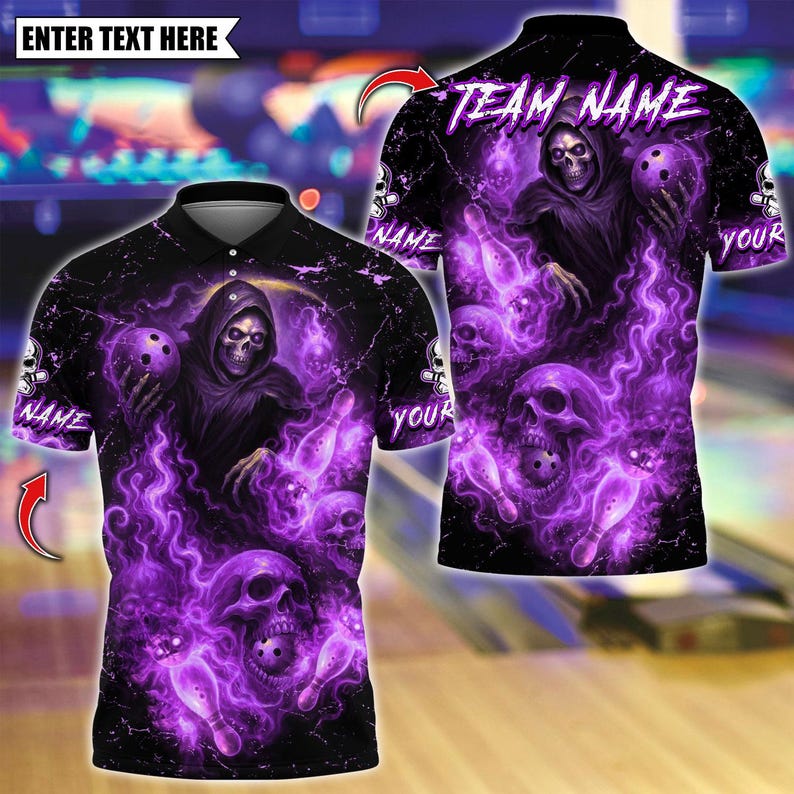 Custom Bowling Polo Shirt, Flame Reaper And Fire Skull Design, Personalized Bowling Polo for Men Women, Personalized Name Team 3D Shirt