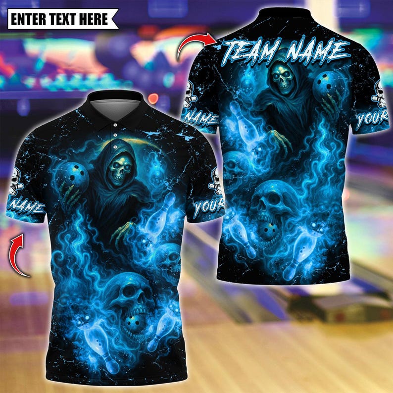 Custom Bowling Polo Shirt, Flame Reaper And Fire Skull Design, Personalized Bowling Polo for Men Women, Personalized Name Team 3D Shirt