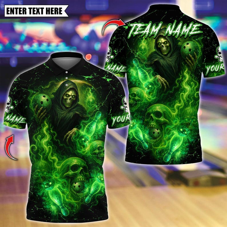 Custom Bowling Polo Shirt, Flame Reaper And Fire Skull Design, Personalized Bowling Polo for Men Women, Personalized Name Team 3D Shirt