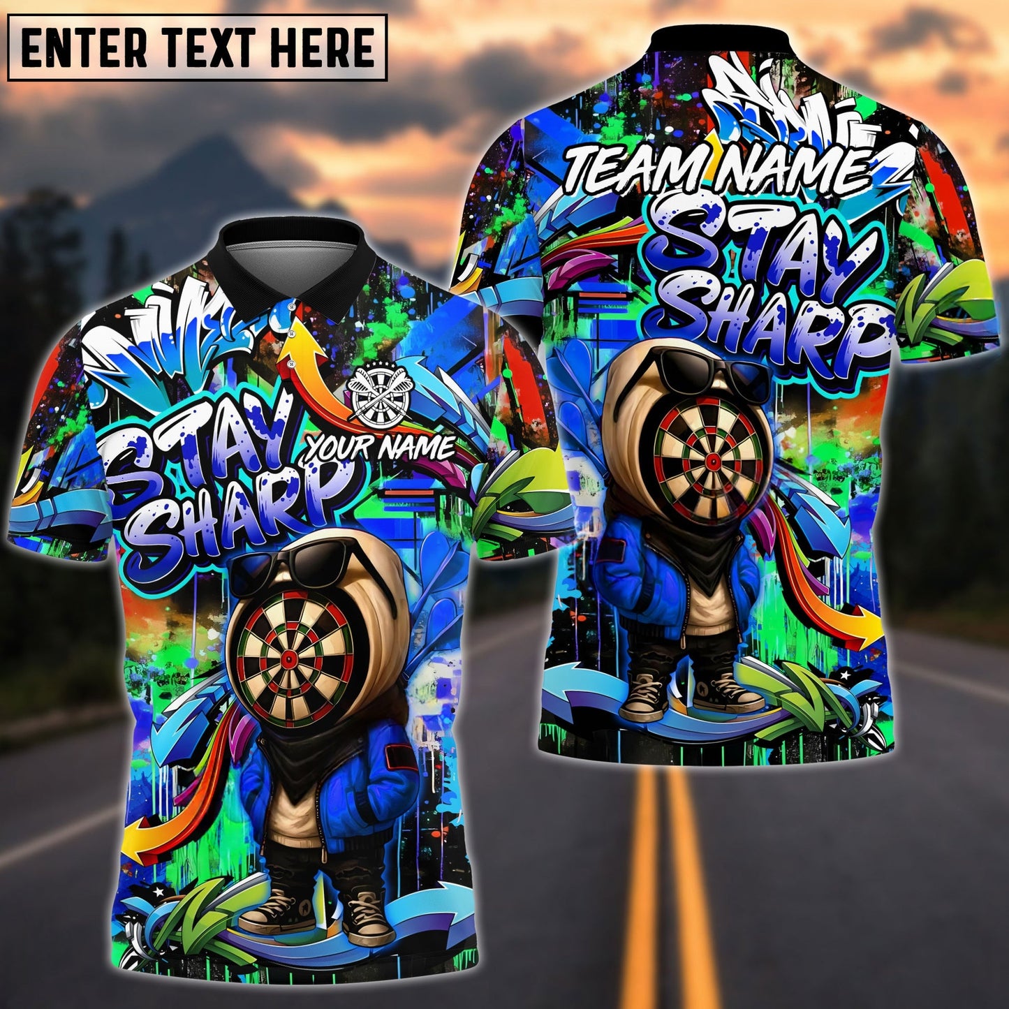 Darts Graffiti Character Stay Sharp Personalized Name, Team Name Unisex Shirt (4 Colors)