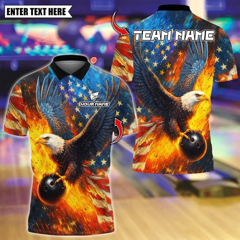 Custom Bowling Polo Shirt, Sky Eagle US Flag With Bowling Design, Personalized Bowling Polo for Men Women, Personalized Name Team 3D Shirt