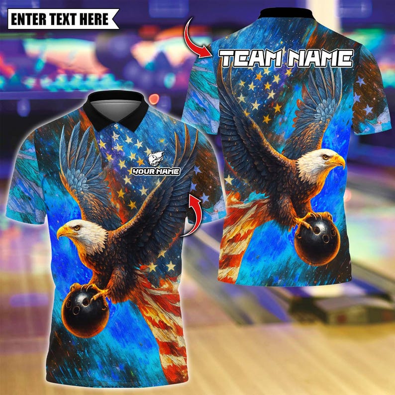 Custom Bowling Polo Shirt, Sky Eagle US Flag With Bowling Design, Personalized Bowling Polo for Men Women, Personalized Name Team 3D Shirt