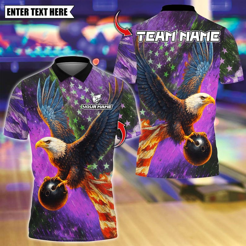 Custom Bowling Polo Shirt, Sky Eagle US Flag With Bowling Design, Personalized Bowling Polo for Men Women, Personalized Name Team 3D Shirt