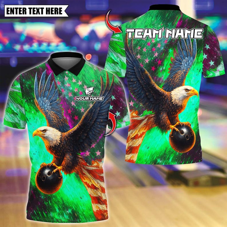 Custom Bowling Polo Shirt, Sky Eagle US Flag With Bowling Design, Personalized Bowling Polo for Men Women, Personalized Name Team 3D Shirt