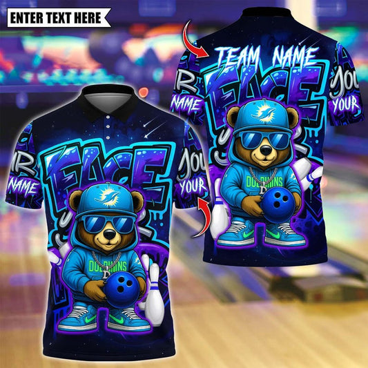 Custom Bowling Polo Shirt, Graffiti Hiphop Bear With Bowling Design, Personalized Bowling Polo for Men Women,Personalized Name Team 3D Shirt