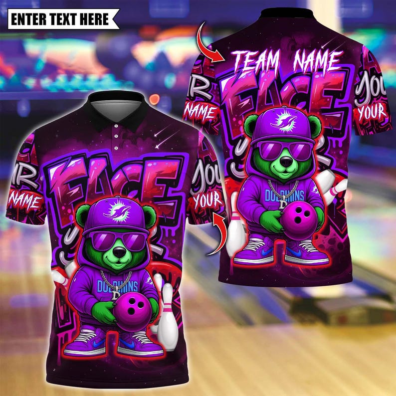 Custom Bowling Polo Shirt, Graffiti Hiphop Bear With Bowling Design, Personalized Bowling Polo for Men Women,Personalized Name Team 3D Shirt