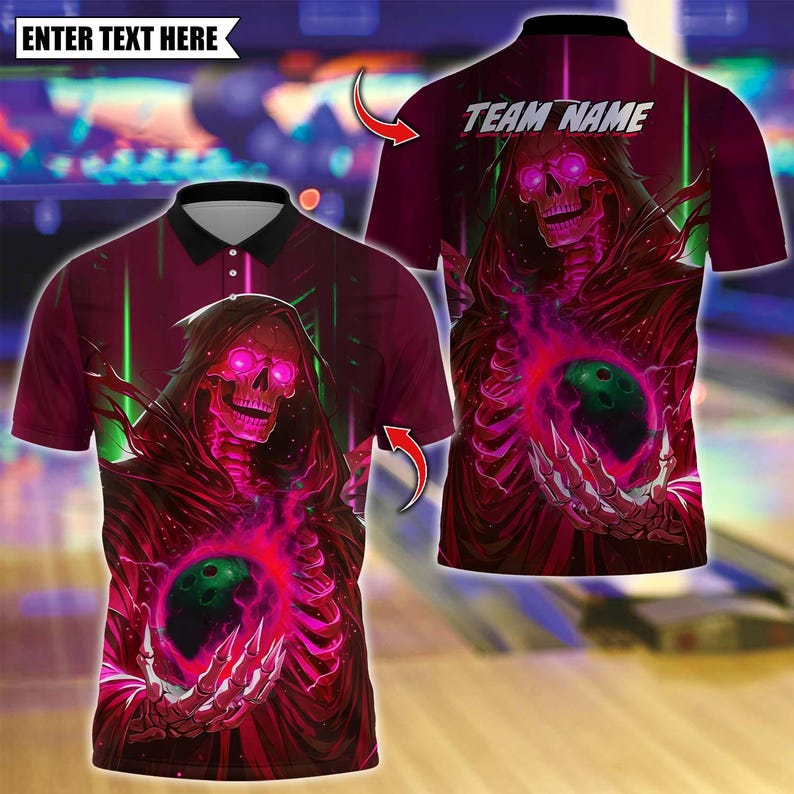 Custom Bowling Polo Shirt, Bowling And Pins Cyber Reaper Design, Personalized Bowling Polo for Men & Women, Personalized Name Team 3D Shirt