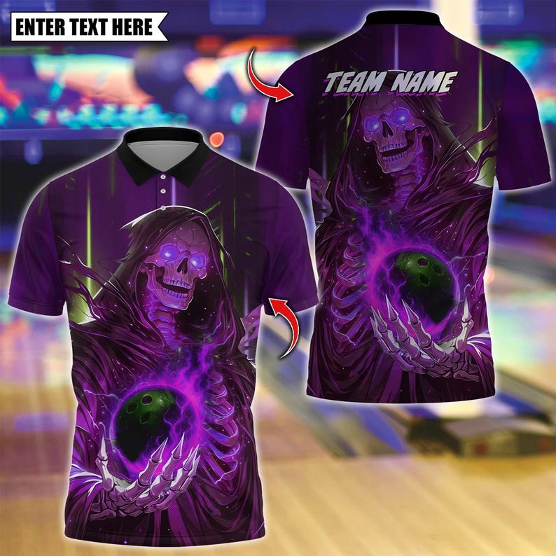 Custom Bowling Polo Shirt, Bowling And Pins Cyber Reaper Design, Personalized Bowling Polo for Men & Women, Personalized Name Team 3D Shirt