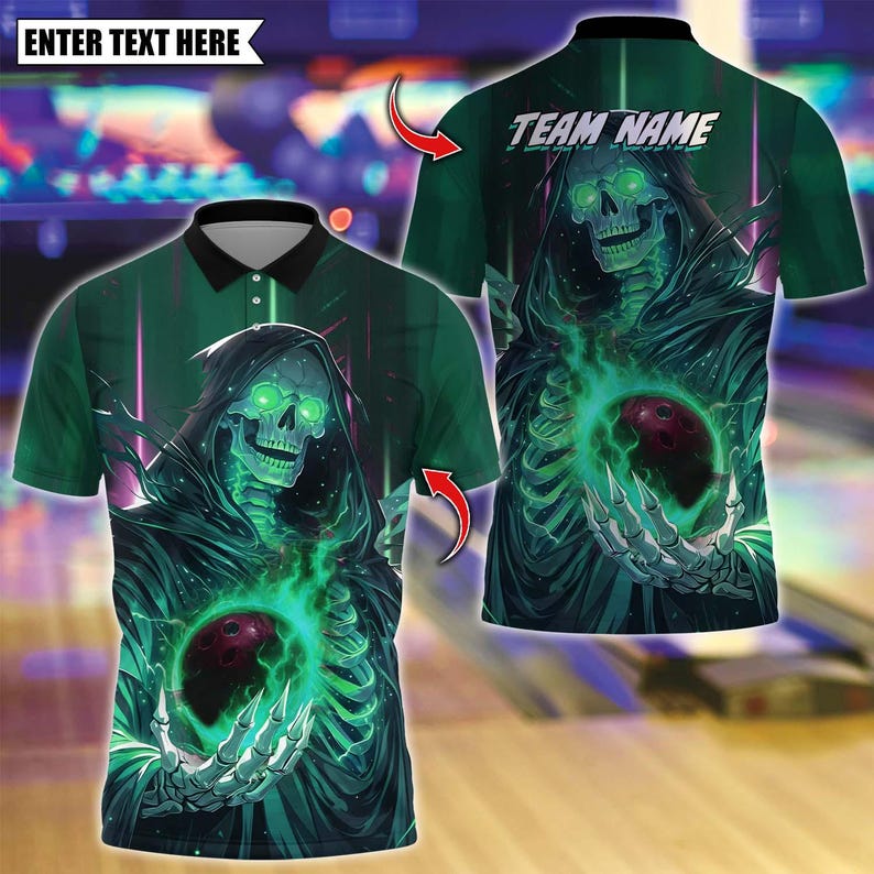 Custom Bowling Polo Shirt, Bowling And Pins Cyber Reaper Design, Personalized Bowling Polo for Men & Women, Personalized Name Team 3D Shirt