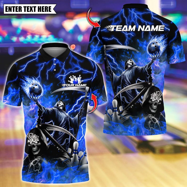 Custom Bowling Polo Shirt, Grim Reaper Skull With Flame Bowling Design, Personalized Bowling Polo for Men, Personalized Name Team 3D Shirt