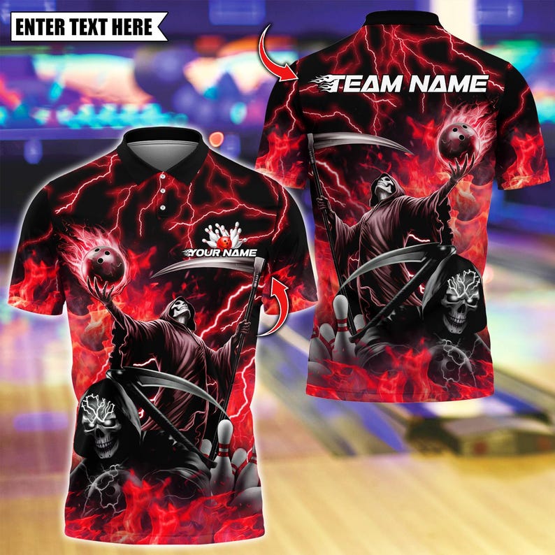 Custom Bowling Polo Shirt, Grim Reaper Skull With Flame Bowling Design, Personalized Bowling Polo for Men, Personalized Name Team 3D Shirt