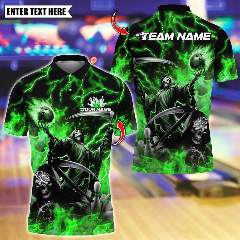 Custom Bowling Polo Shirt, Grim Reaper Skull With Flame Bowling Design, Personalized Bowling Polo for Men, Personalized Name Team 3D Shirt