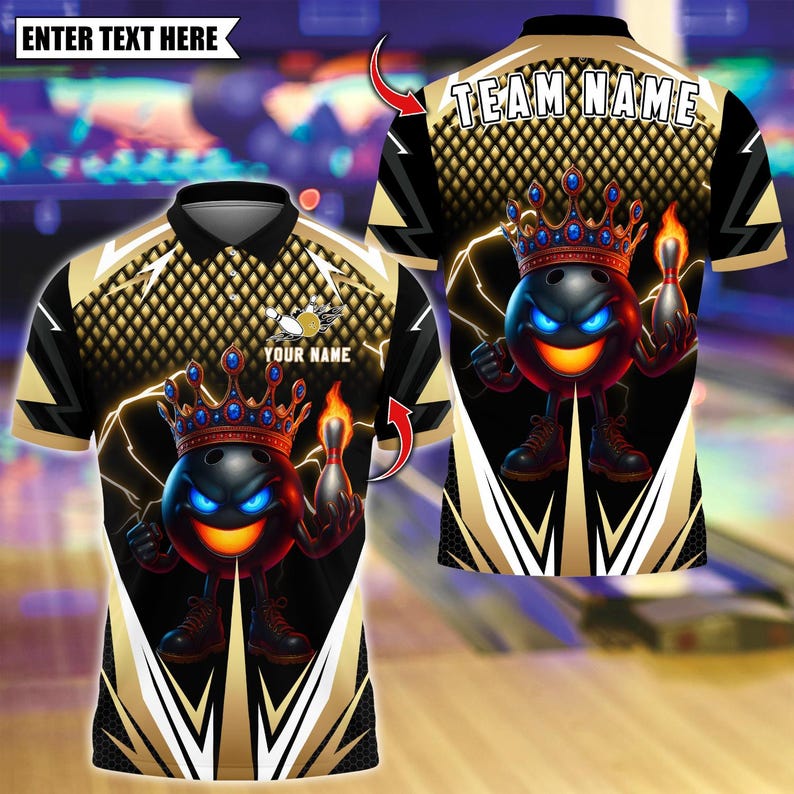 Custom Bowling Polo Shirt, Crown King Flame Bowling Design, Personalized Bowling Polo for Men Women, Personalized Name Team 3D Shirt