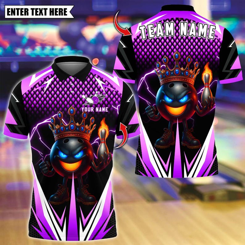 Custom Bowling Polo Shirt, Crown King Flame Bowling Design, Personalized Bowling Polo for Men Women, Personalized Name Team 3D Shirt
