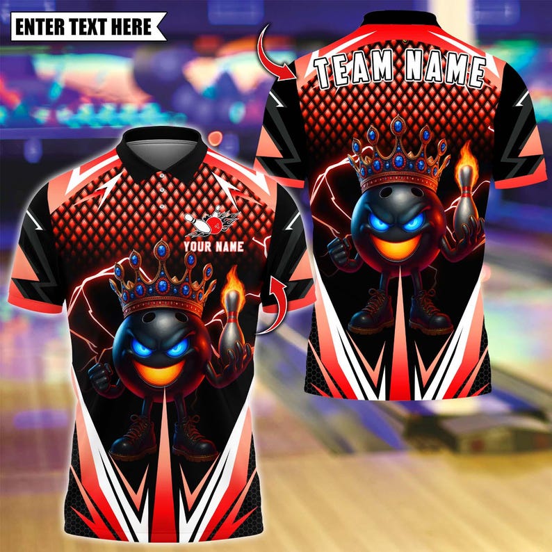 Custom Bowling Polo Shirt, Crown King Flame Bowling Design, Personalized Bowling Polo for Men Women, Personalized Name Team 3D Shirt