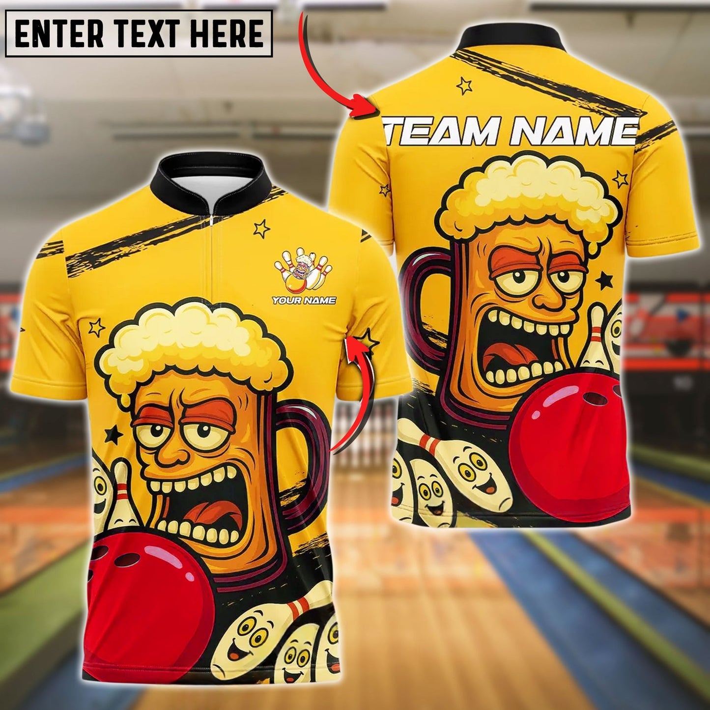 Bowling And Pins Funny Beer Mug Customized Name, Team Name 3D Shirt (4 Colors)