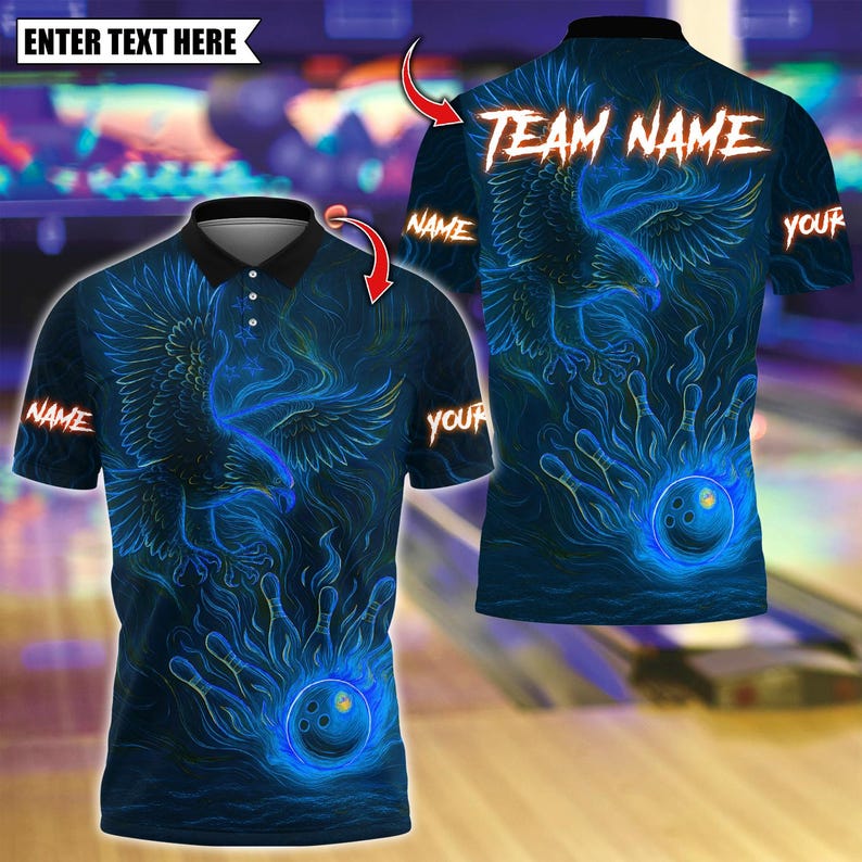 Custom Bowling Polo Shirt, Bowling And Pins Eagle Neon Design, Personalized Bowling Polo for Men Women, Personalized Name Team 3D Shirt
