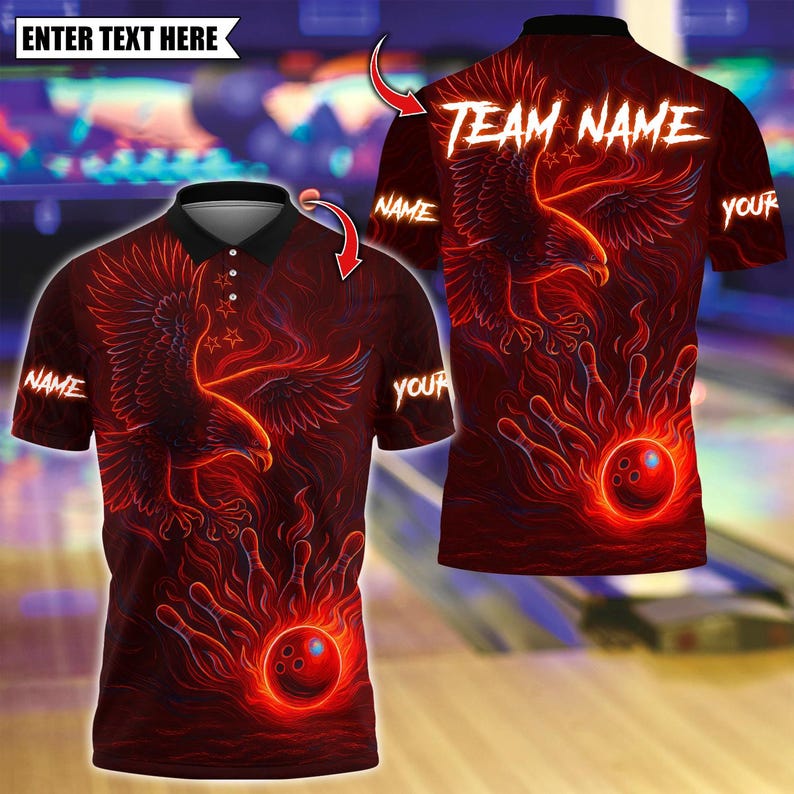 Custom Bowling Polo Shirt, Bowling And Pins Eagle Neon Design, Personalized Bowling Polo for Men Women, Personalized Name Team 3D Shirt