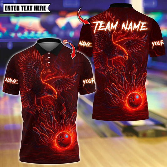 Custom Bowling Polo Shirt, Bowling And Pins Eagle Neon Design, Personalized Bowling Polo for Men Women, Personalized Name Team 3D Shirt