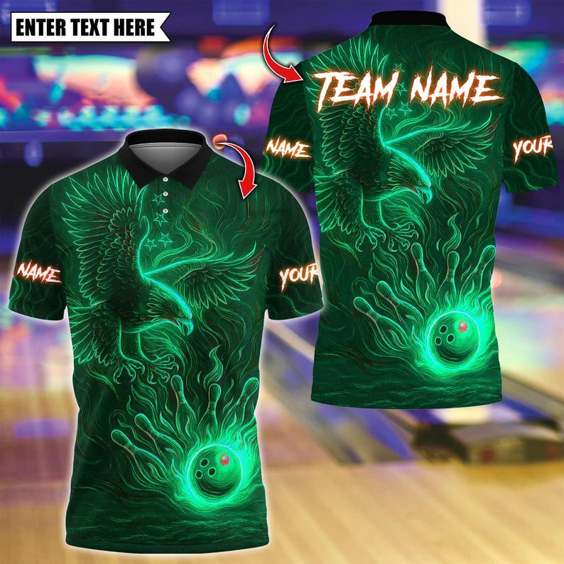 Custom Bowling Polo Shirt, Bowling And Pins Eagle Neon Design, Personalized Bowling Polo for Men Women, Personalized Name Team 3D Shirt