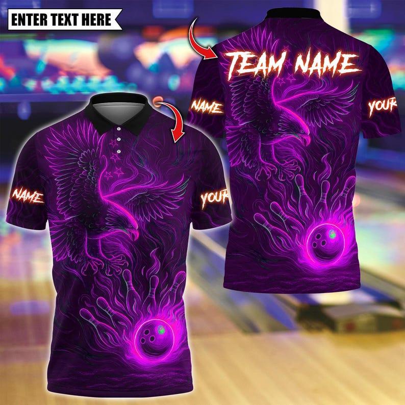 Custom Bowling Polo Shirt, Bowling And Pins Eagle Neon Design, Personalized Bowling Polo for Men Women, Personalized Name Team 3D Shirt