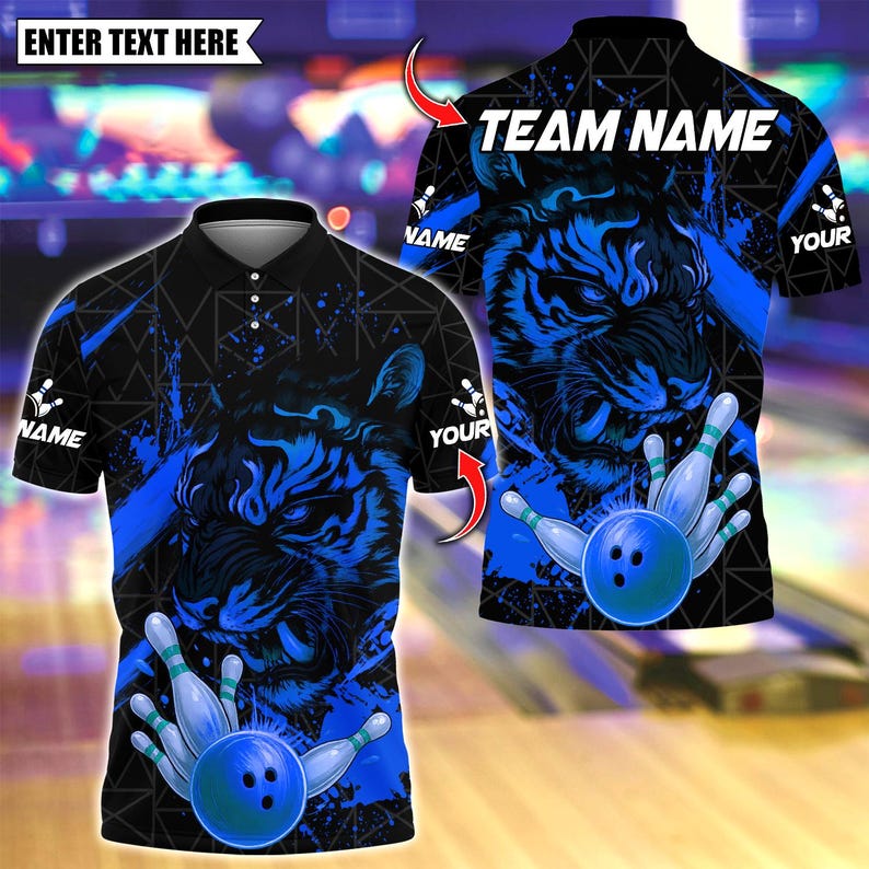 Custom Bowling Polo Shirt, Tiger Golden Ball Striking Design, Personalized Bowling Polo for Men Women,Personalized Name Team 3D Shirt
