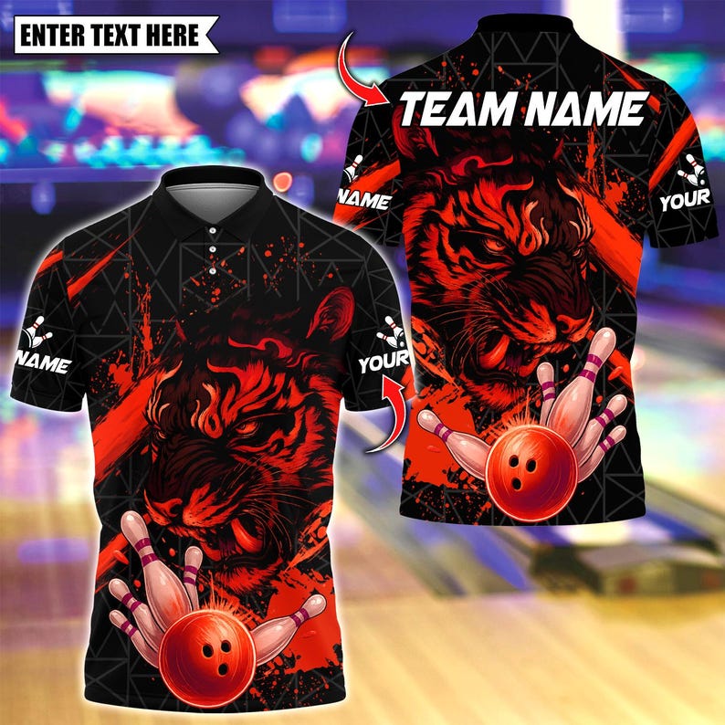 Custom Bowling Polo Shirt, Tiger Golden Ball Striking Design, Personalized Bowling Polo for Men Women,Personalized Name Team 3D Shirt