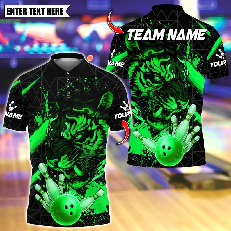Custom Bowling Polo Shirt, Tiger Golden Ball Striking Design, Personalized Bowling Polo for Men Women,Personalized Name Team 3D Shirt