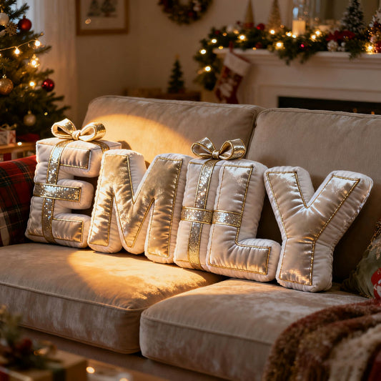 Personalized Christmas gift box element name pillow