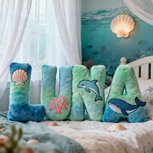 🐬 Ocean Name Pillow – Personalized Sea Life Cushion with Dolphin & Whale Design