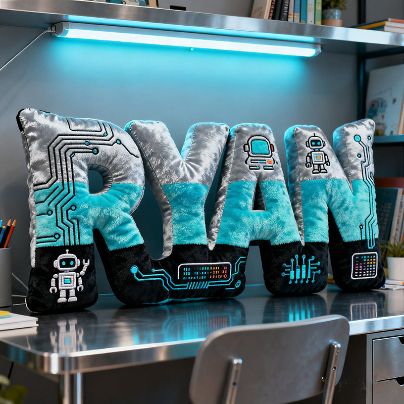 🤖 Robot Name Pillow – Custom Futuristic Letter Cushion for Little Engineers
