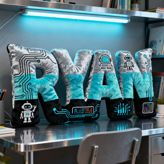 🤖 Robot Name Pillow – Custom Futuristic Letter Cushion for Little Engineers