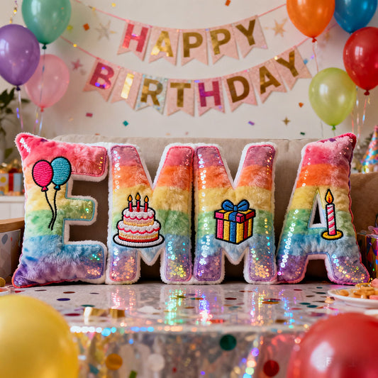 🎂 Birthday Name Pillow – Custom Rainbow Letter Cushion for Kids Party Decor