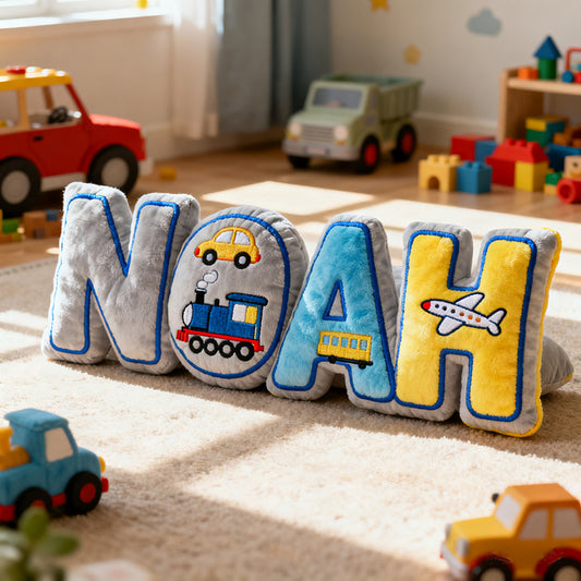 🚗 Car & Train Name Pillow – Personalized Vehicle Themed Cushion for Boys